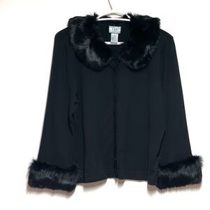 NWT ITW by Claude Brown Black Silk Sweater Jacket with fur collar & cuffs Sz L